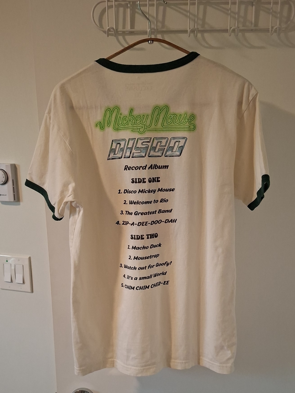 Vintage Disney "Mickey Mouse Disco" 100% Cotton Beige/Green Ringer Tee (Size S) - Picture 3 of 6